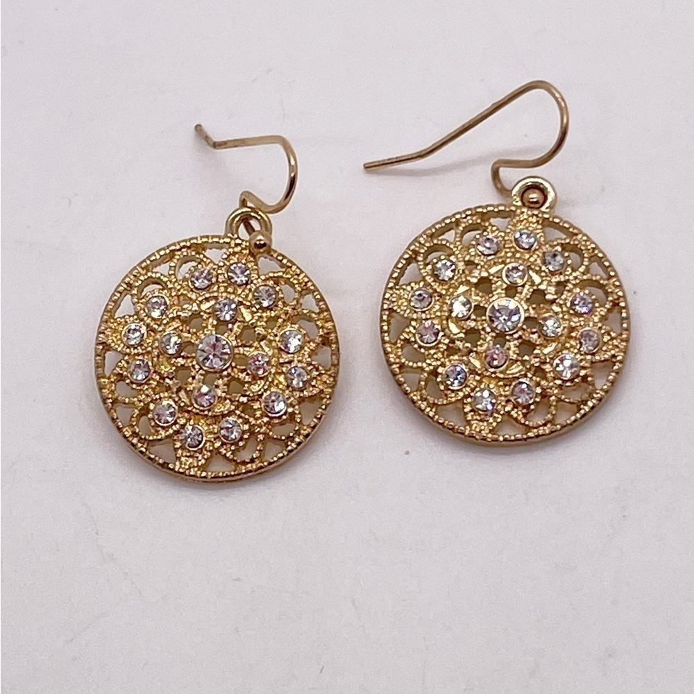 Gold Filigree Disc Circle Earrings with Bright Clear Rhinestones
